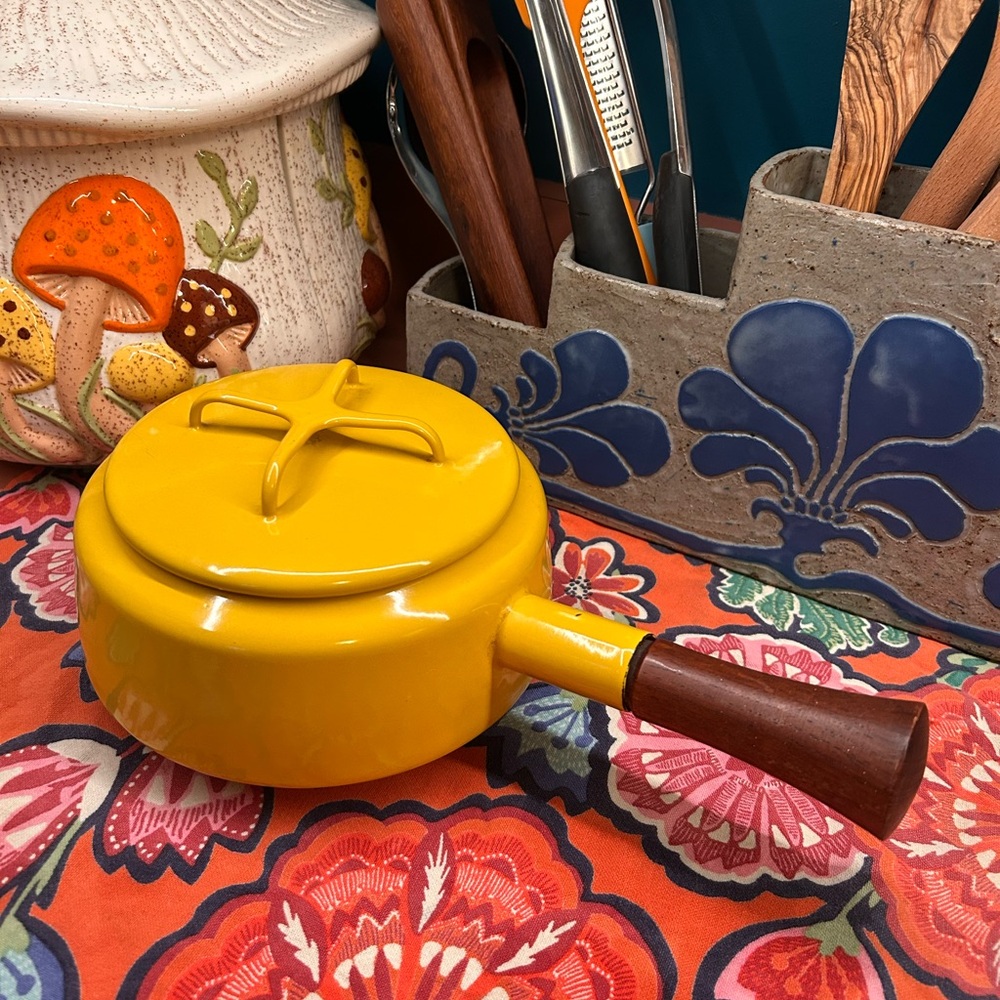 Dansk Kobenstyle Vintage Mid Century Yellow Enamel Fondue Pot with Wooden Handle